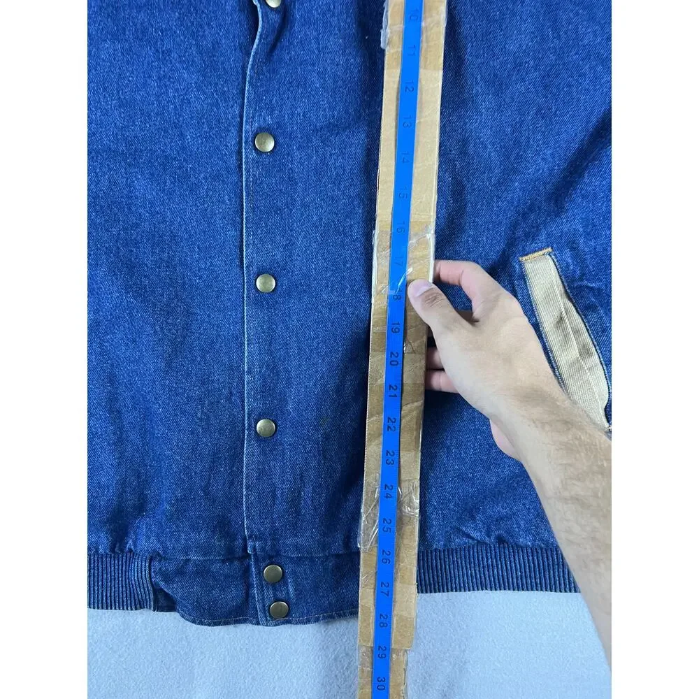 Vintage Three Rivers Varsity Jacket Mens XL Blue Tan Alumacraft Denim Bomber USA